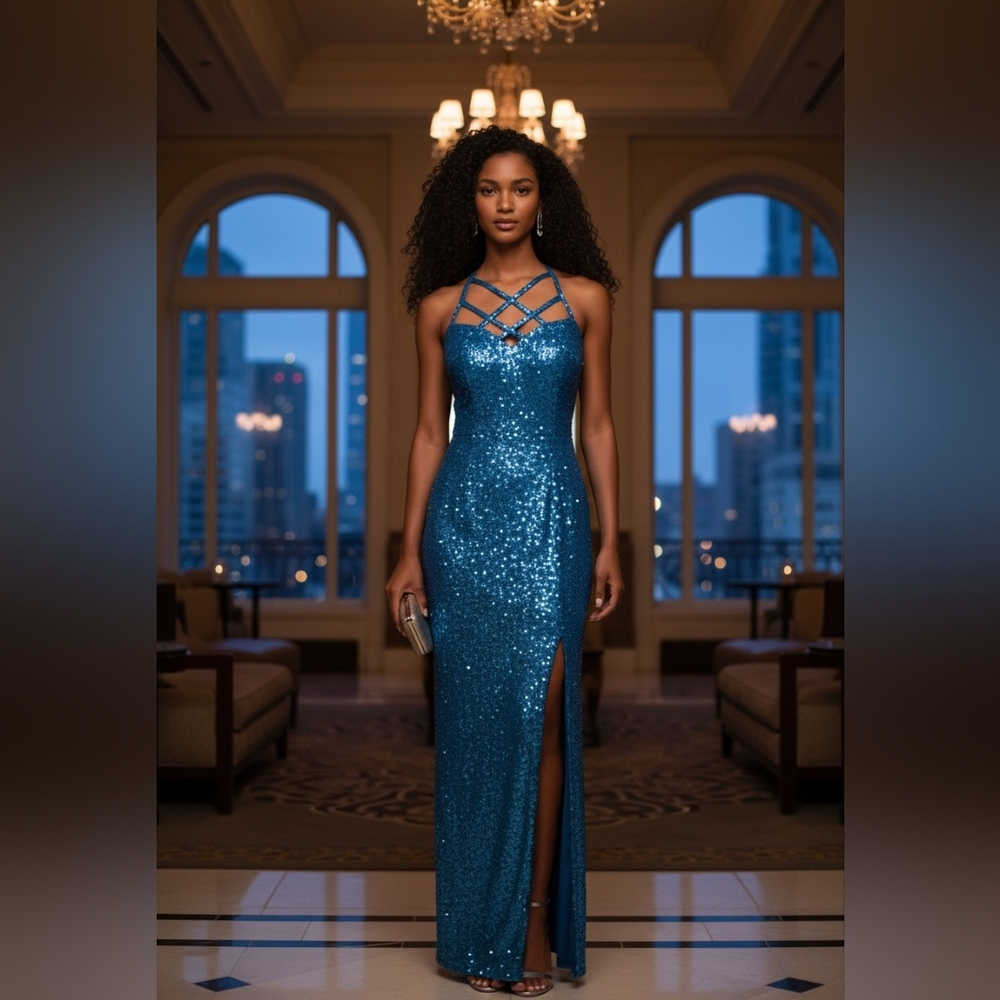Adrianna Papell Women's Blue Sequin Cross Strap Front Maxi Dress Size 6P‎ Slit